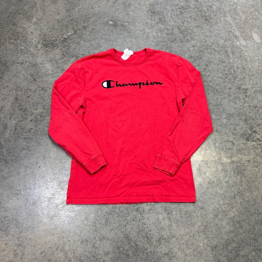 Vintage Champion Long Sleeve Men L Red Script Logo Tee Crewneck Cotton Athletic